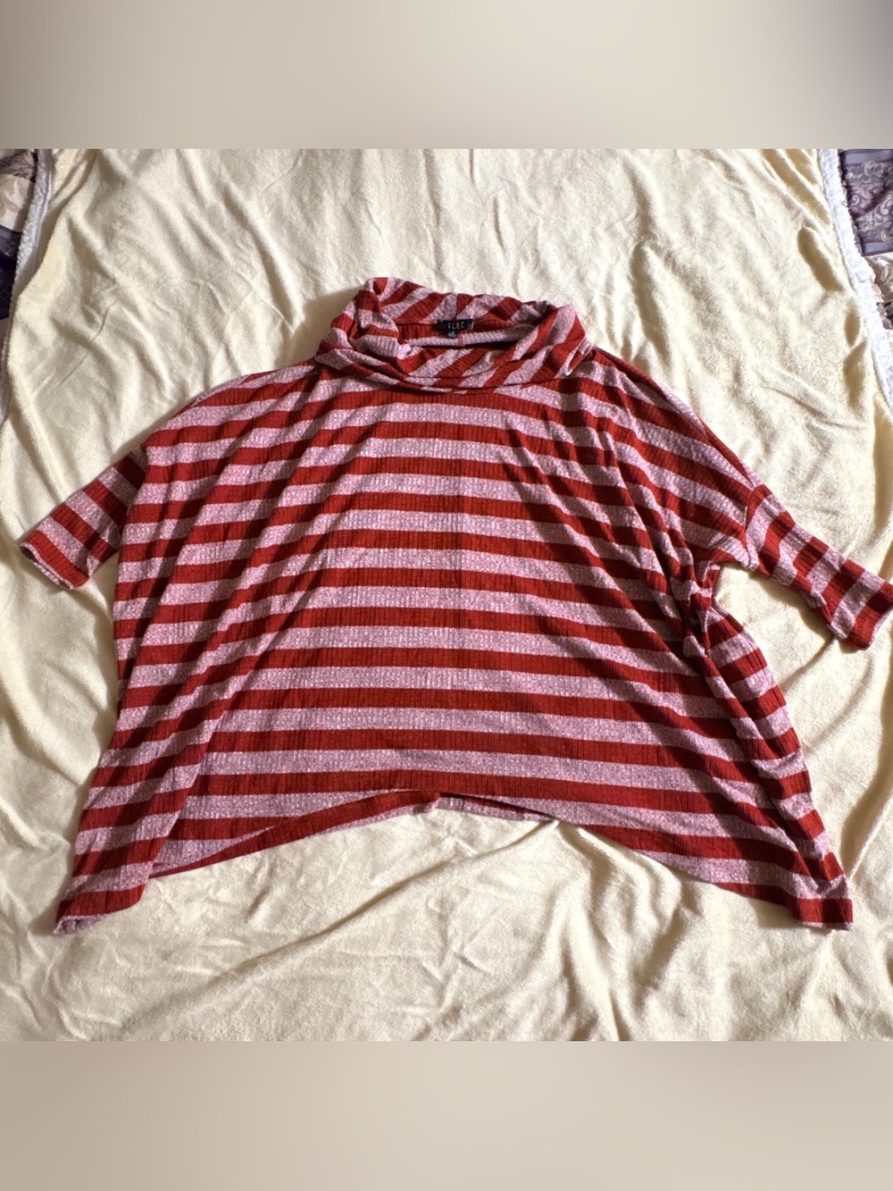 TCEC Womens Small Burnt Orange Striped Cowl Neck Top 3/4 Sleeve Asymmetrical Hem